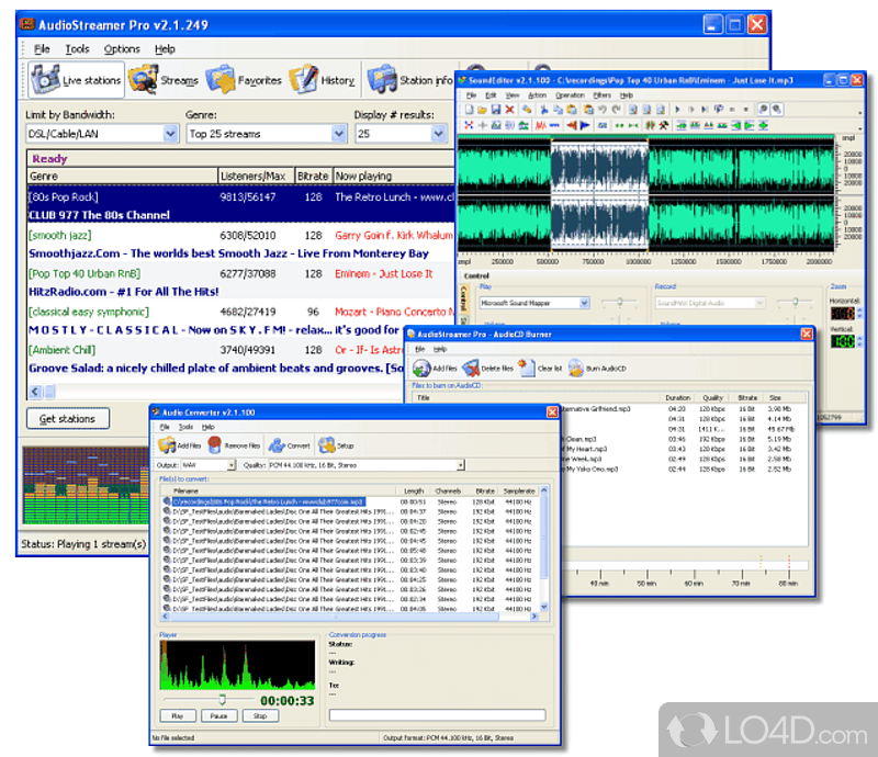Receive and record internet radio, Audio editor/Ripper, Converter, AudioCD burner - Screenshot of AudioStreamer Pro