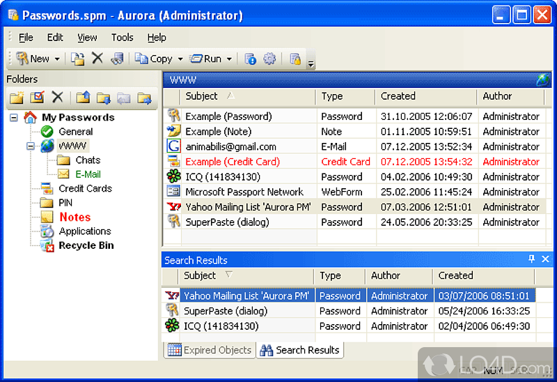 Software solution to store and protect you private data using passwords and strong encryption tools and features - Screenshot of Aurora Password Manager