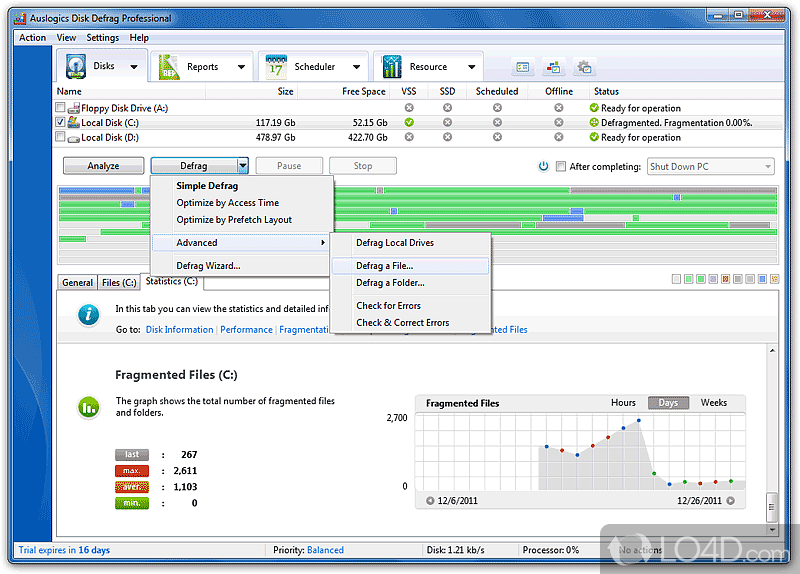 Auslogics Disk Defrag Pro: User interface - Screenshot of Auslogics Disk Defrag Pro