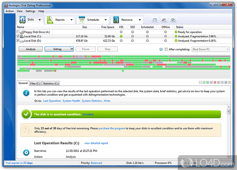 Essential tool for optimizing and maintaining hard disks, providing a method to consolidate the storage space - Screenshot of Auslogics Disk Defrag Pro