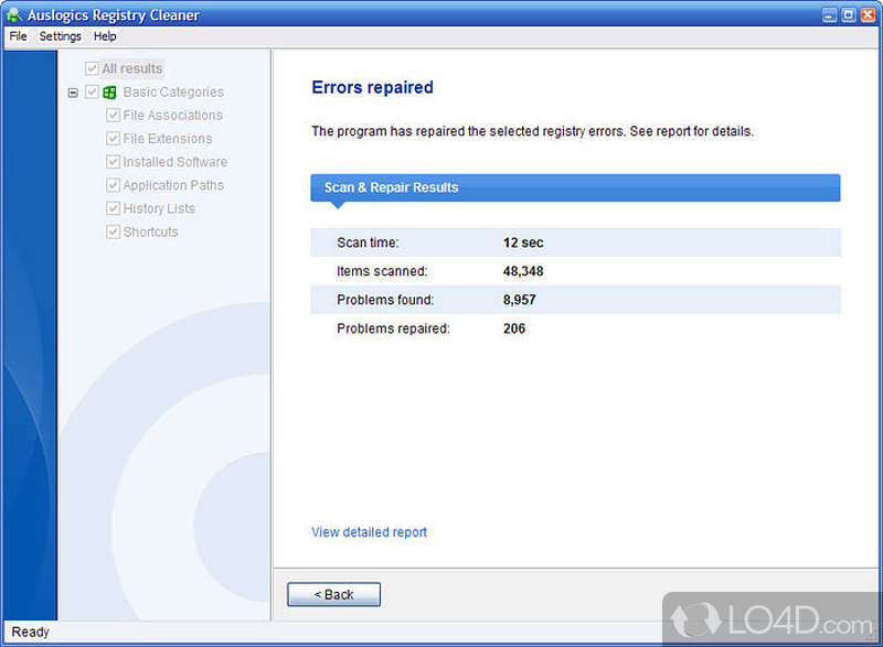 Automatic restore point, scan the registry and view results - Screenshot of Auslogics Registry Defrag