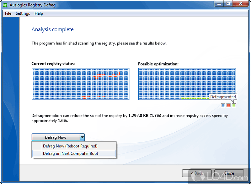 Keep system registry and compact, thus improving performance and stability when used - Screenshot of Auslogics Registry Defrag
