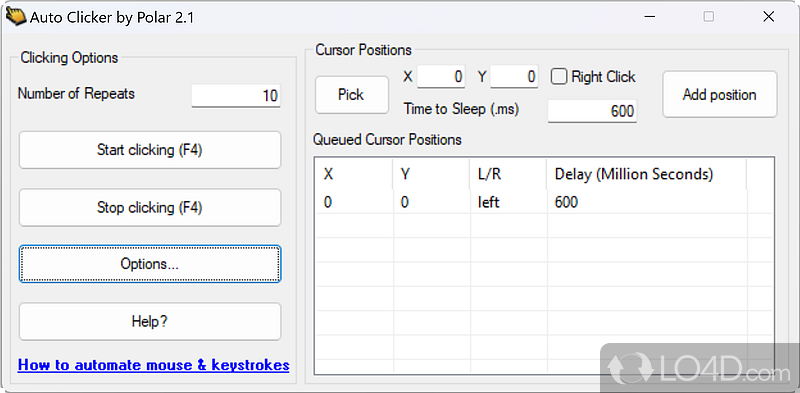 Program worth having when you need to automate mouse clicks by creating a list with queued screen positions - Screenshot of Auto-Clicker