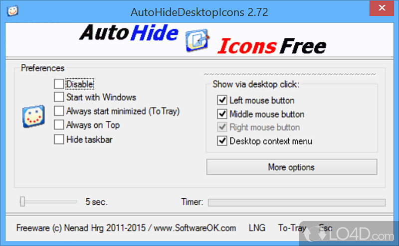 Hide and show desktop icons by performing mouse gestures, according to the configuration you set up, so that it suits needs - Screenshot of AutoHideDesktopIcons