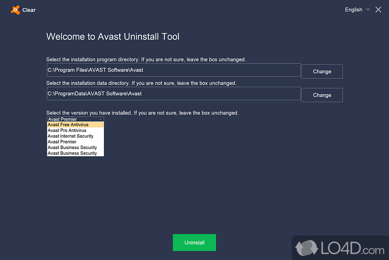 Avast Software Uninstall Utility: User interface - Screenshot of Avast Software Uninstall Utility