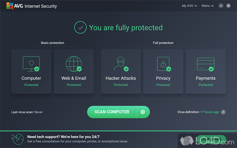 System, web and mail, hacker attack, private data and payment shields - Screenshot of AVG Internet Security