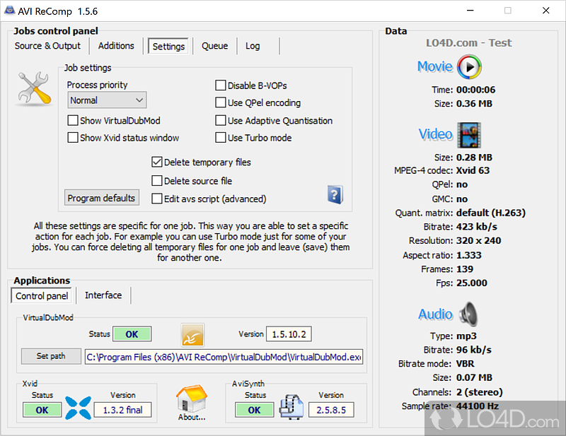 Configuration settings - Screenshot of AVI ReComp