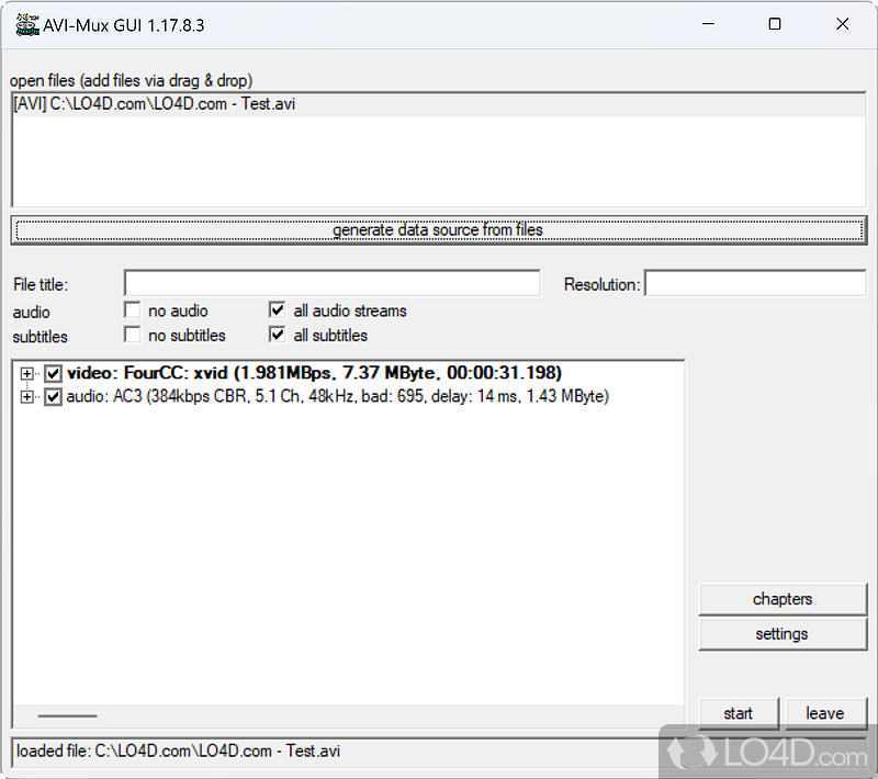 Carry out muxing operations for combining all the elements required to have a complete movie - Screenshot of AVIMux GUI