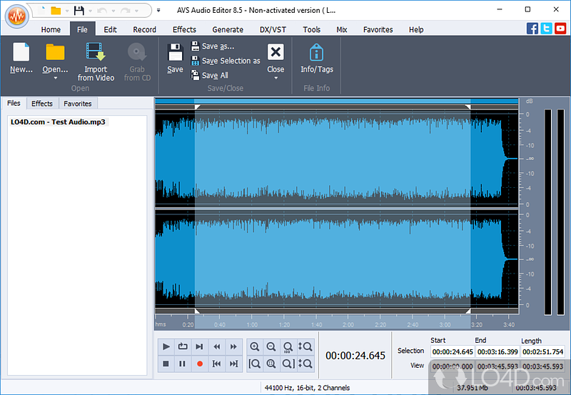 Mix audio tracks and to apply effects and filters to them, while enjoying an advanced editing interface - Screenshot of AVS Audio Editor