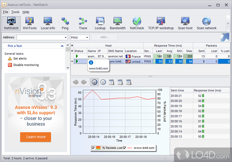 Rich collection of network testing tools that includes ping, trace, lookup commands - Screenshot of Axence NetTools