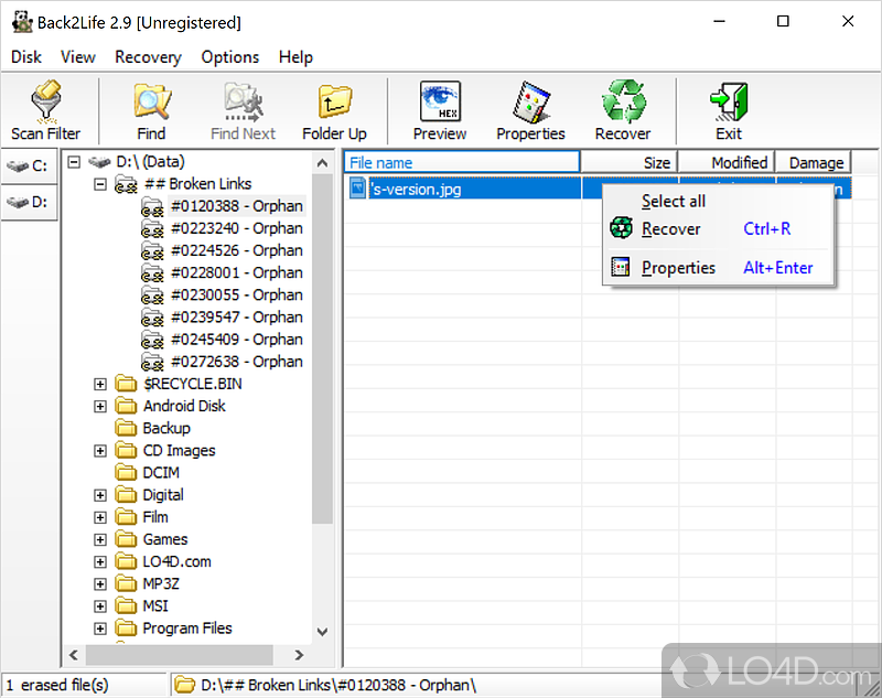 Undelete and recover erased or unreadable files - Screenshot of Back2Life