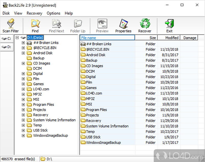 Run a quick or thorough scan of a storage device and easily bring back files from beyond recycle bin - Screenshot of Back2Life