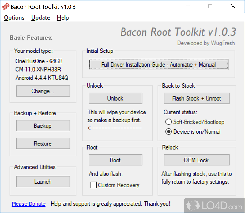 Can help you unlock and root OnePlus One device, in just a few quick moves of mouse - Screenshot of Bacon Root Toolkit