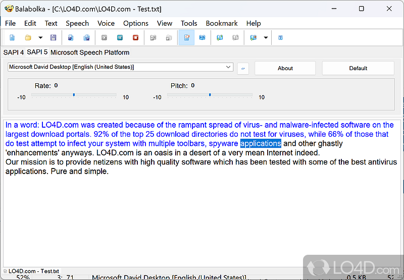 Text-to-speech tool with the Microsoft Anna voice - Screenshot of Balabolka
