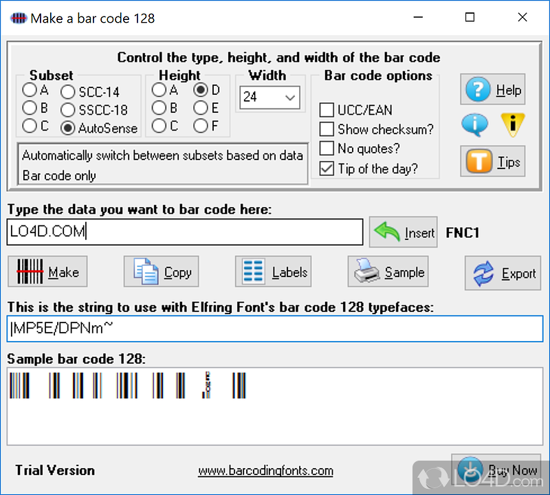 Bar Code 128: User interface - Screenshot of Bar Code 128