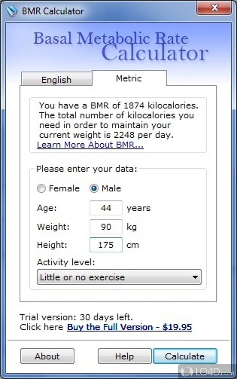 Calculate Basal Metabolic Rate without learning any math formulas - Screenshot of Basal Metabolic Rate Calculator