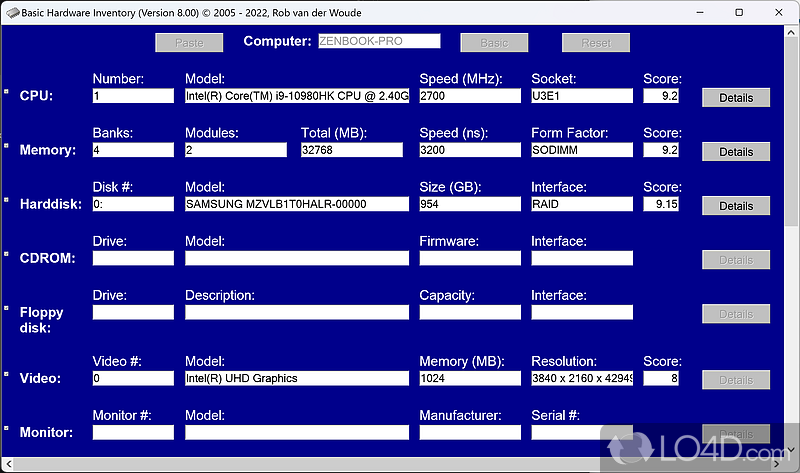 Provides an inventory of hardware devices attached to a computer - Screenshot of Basic Hardware Inventory