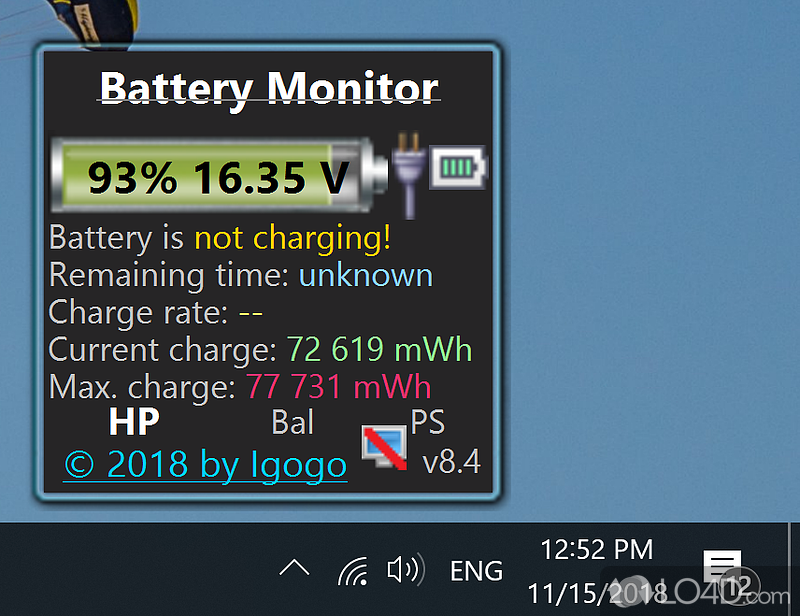Shows numerous details on the battery, comprising dozens of customization parameters - Screenshot of Battery Monitor