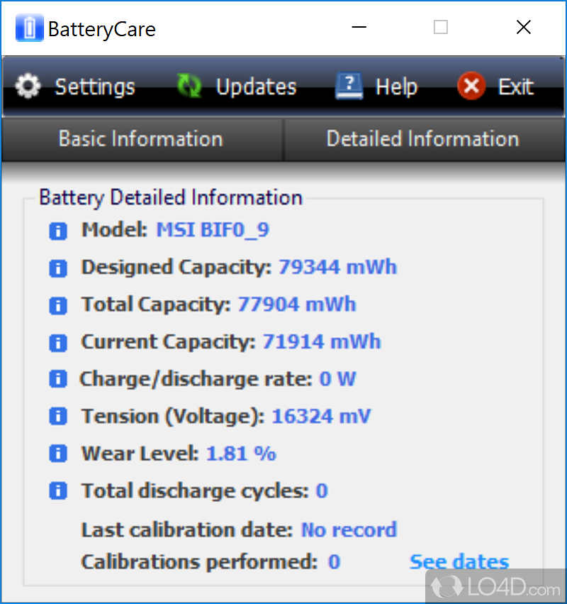 See detailed about laptop battery and reduce the consumption - Screenshot of BatteryCare