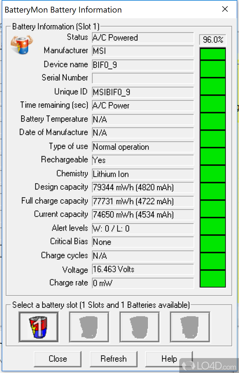 Monitor batteries for laptops and diagnose problems - Screenshot of BatteryMon