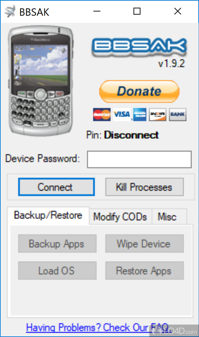 Provides users with a means of managing the contents of their BlackBerry phones, backup data - Screenshot of BBSAK