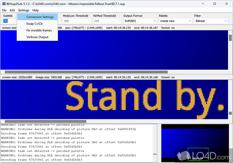 Coverts bitmap subtitles among other formats - Screenshot of BDSup2Sub