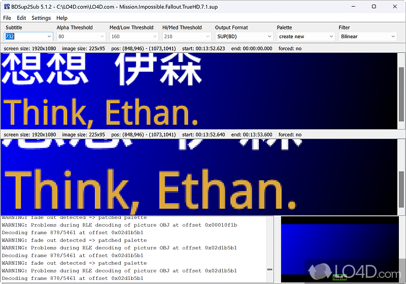 Convert and tweak bitmap subtitle streams - Screenshot of BDSup2Sub