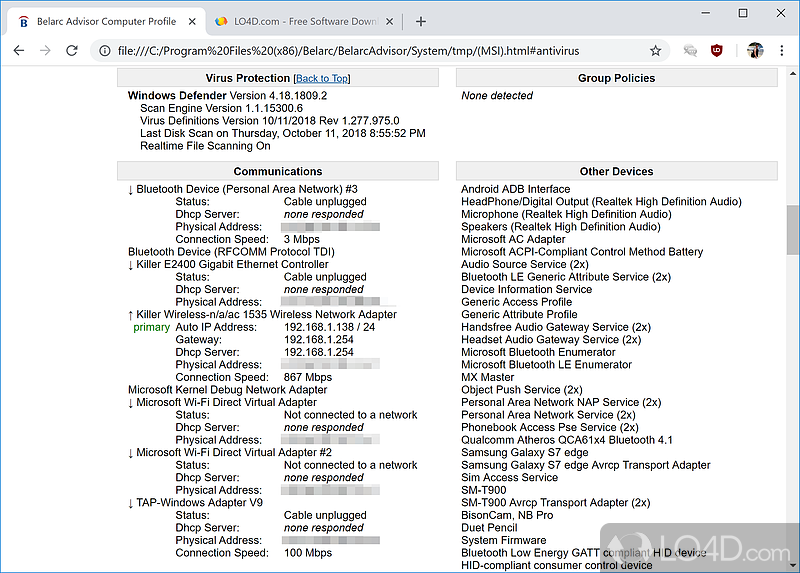 Rapid setup and automatic computer scan - Screenshot of Belarc Advisor