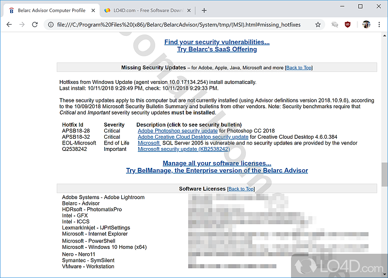 Investigate PC components information thoroughly - Screenshot of Belarc Advisor