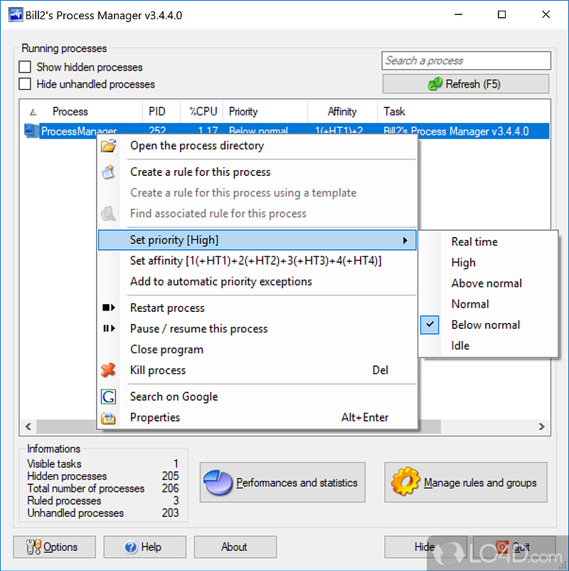 Processes affinity and priority Manager for Windows - Screenshot of Bill2's Process Manager
