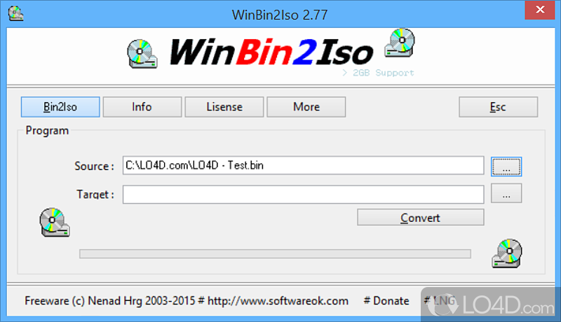 Convert BIN images to ISO format using this app capable of processing files over 2GB - Screenshot of WinBin2Iso