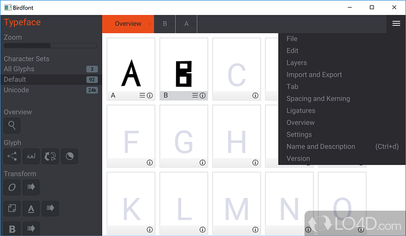 Make vectorial TTF, OTF and SVG fonts - Screenshot of BirdFont