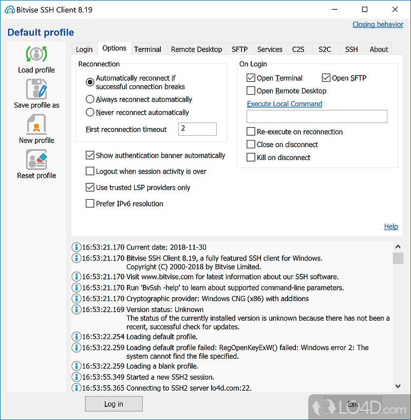 Free SSH file transfer for Windows PC, terminal and tunneling - Screenshot of Bitvise SSH Client