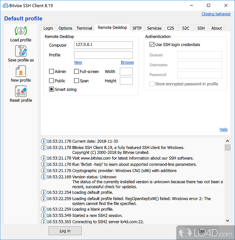 Bitvise SSH Client: Remote Desktop - Screenshot of Bitvise SSH Client