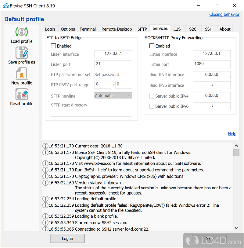 SSH client with FTP, SFTP and remote administration support - Screenshot of Bitvise SSH Client