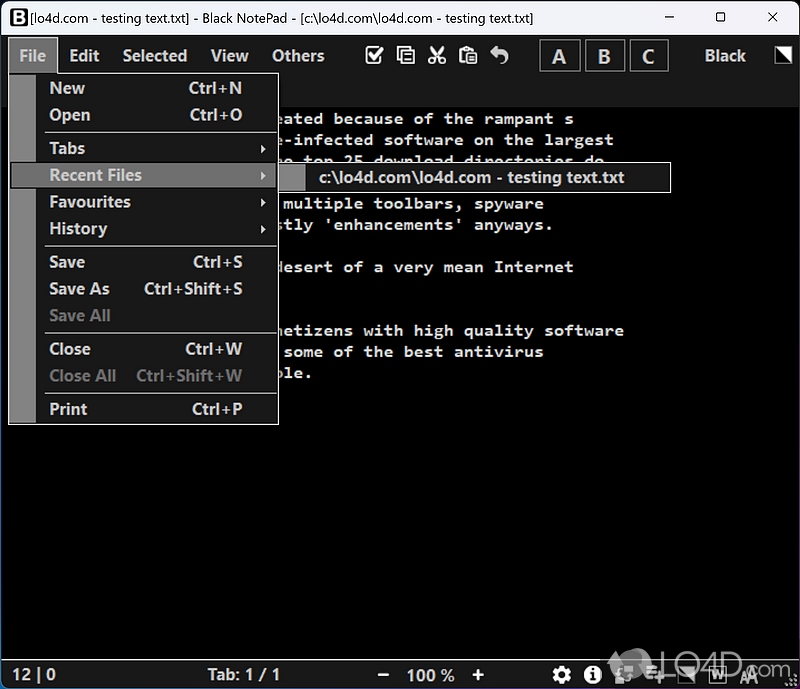 Handy and distractions-free text editor - Screenshot of Black NotePad