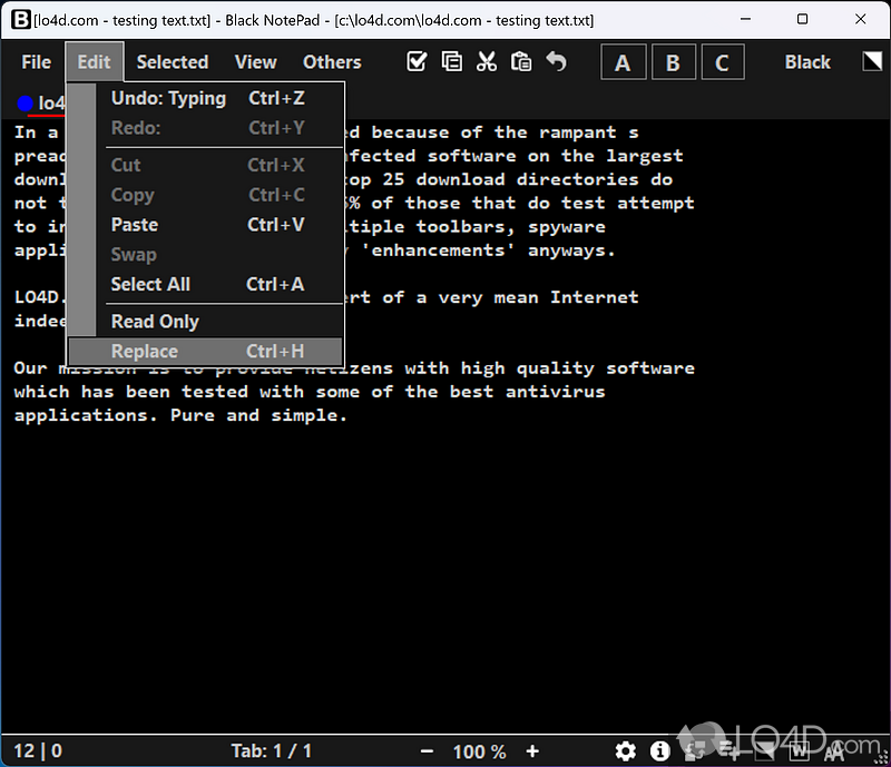 Plain text editor program with layout and features - Screenshot of Black NotePad