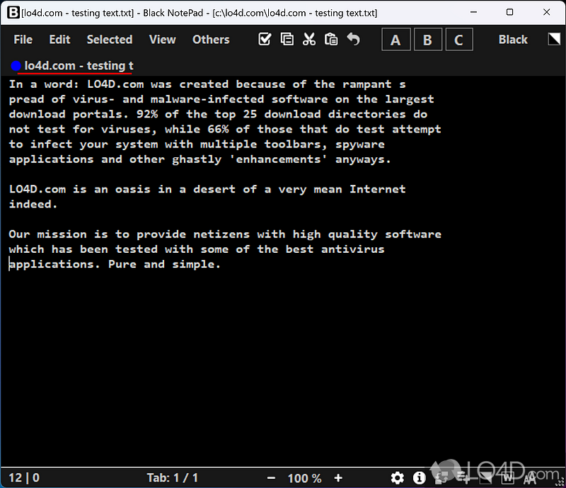 Elegant text editor covering the basics of the writing process - Screenshot of Black NotePad