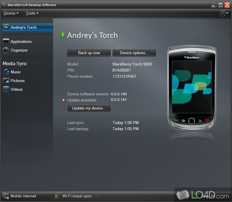 Manage the phone. Create backup, transfer files - Screenshot of BlackBerry Desktop Software
