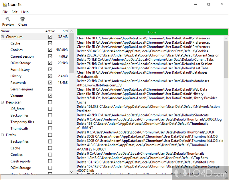 Up valuable disk space and maintain privacy by removing unnecessary or temporary files along with Internet traces - Screenshot of BleachBit