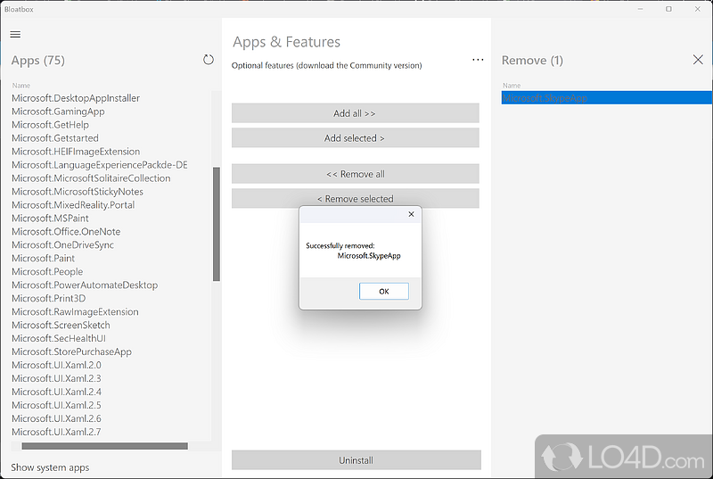 Uninstall MS Store apps - Screenshot of Bloatbox