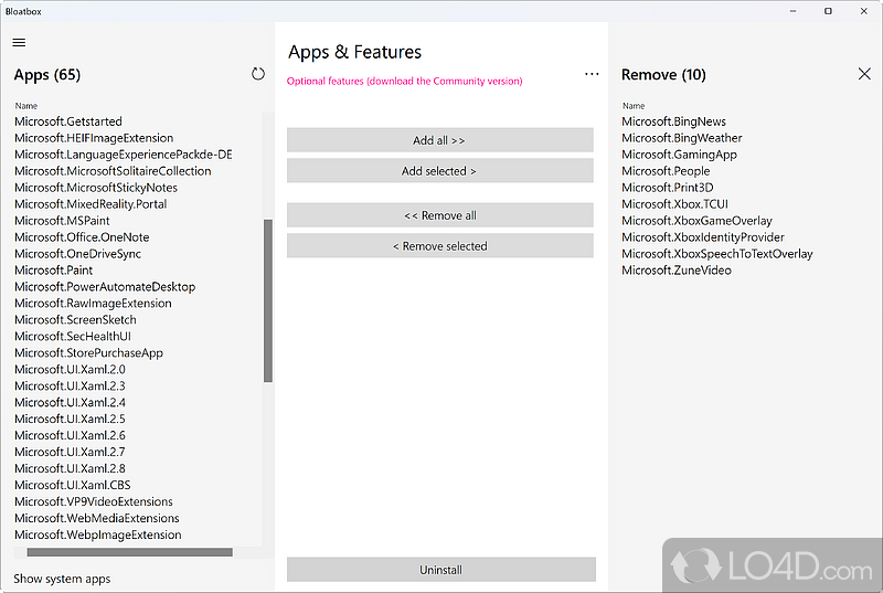 Debloater tool for Windows applications - Screenshot of Bloatbox