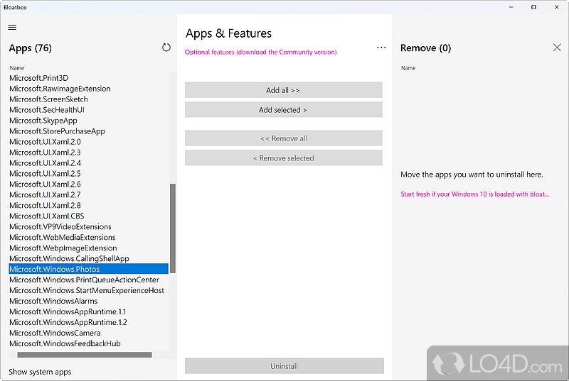 Makes it easy for all users to uninstall the apps originating from Microsoft Store - Screenshot of Bloatbox