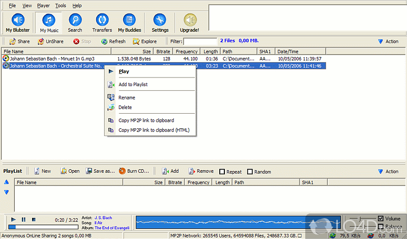 A fast and simple P2P music file sharing network - Screenshot of Blubster