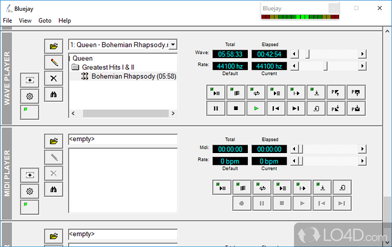 Combination of a media player and DJ console, wave & MP3 editor, EQ, FX, CD Recording all within a singular program - Screenshot of Bluejay