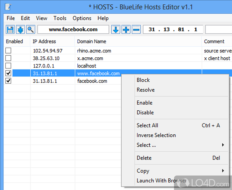 Piece of software worth having when you need to add, delete - Screenshot of BlueLife Hosts Editor