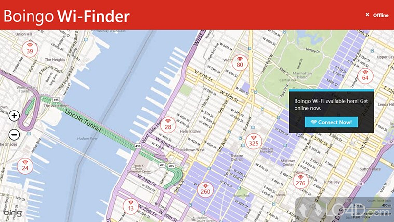 Find almost any Wi-Fi hotspot around the world with info provided about the specific service - Screenshot of Boingo Wi-Finder
