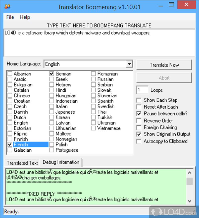 Translates english text to foreign languages and back using google engine - Screenshot of Boomerang Translator