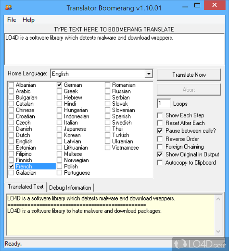 Translates text to foreign languages and back - Screenshot of Boomerang Translator