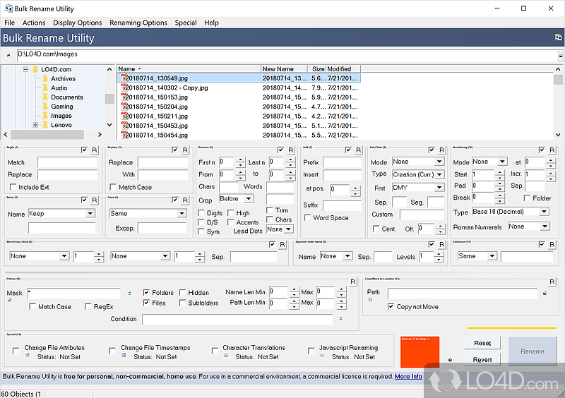 Software app that enables users to rename files in batch mode, modify the files' creation date - Screenshot of Bulk Rename Utility